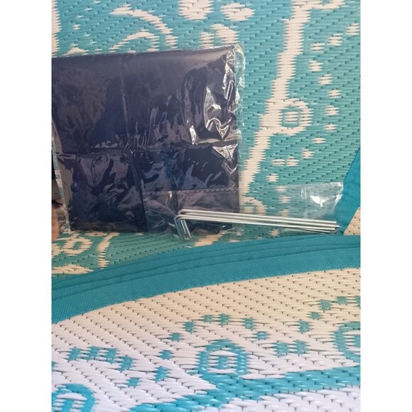 ROUND MANDALA PATIO RUG, NEW Woven Plastic Straw, Turquoise,  5' x 5' - Picture 3 of 8